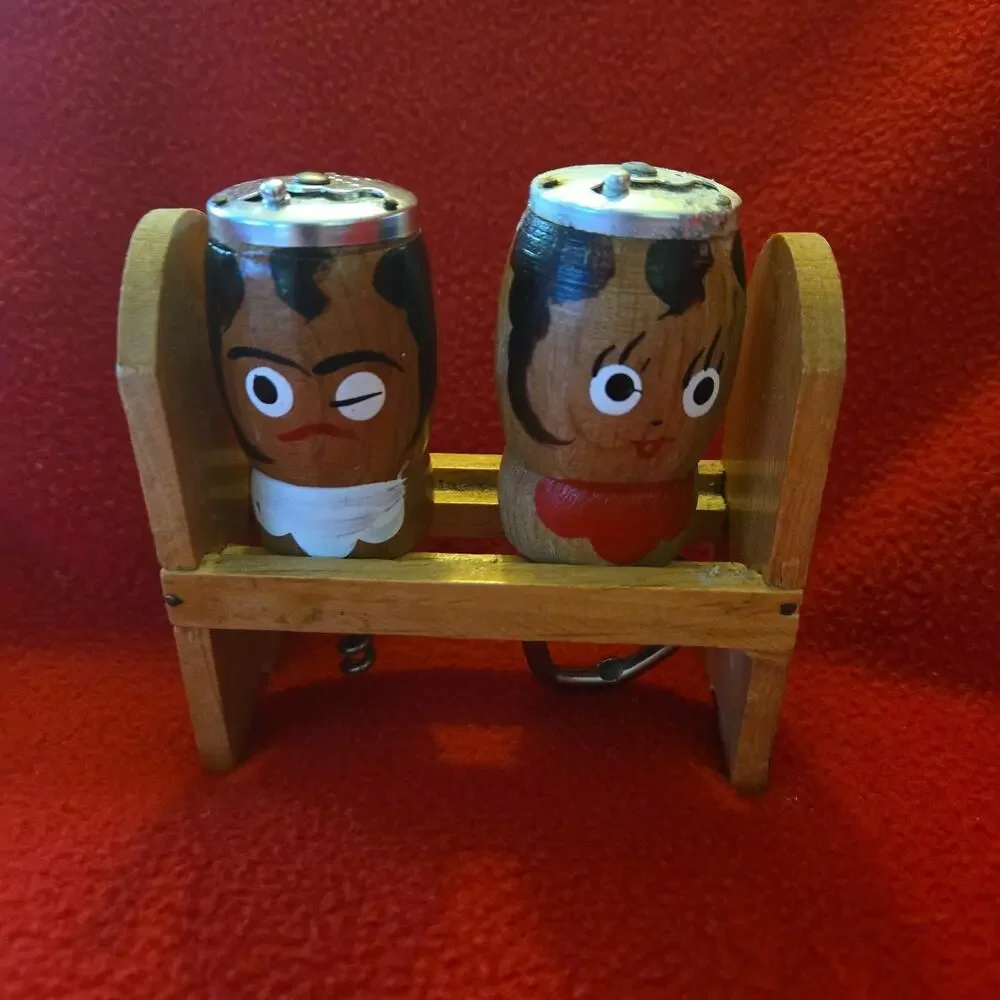 Vintage Wood Barware 3 pc set Salt Pepper Shakers Corkscrew Bottle Opener Faces